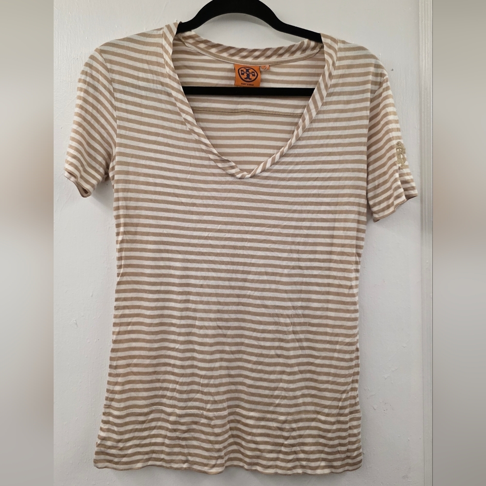 Tory Burch Striped V-Neck Tee Beige Cream Embroidered Sleeve Logo XS